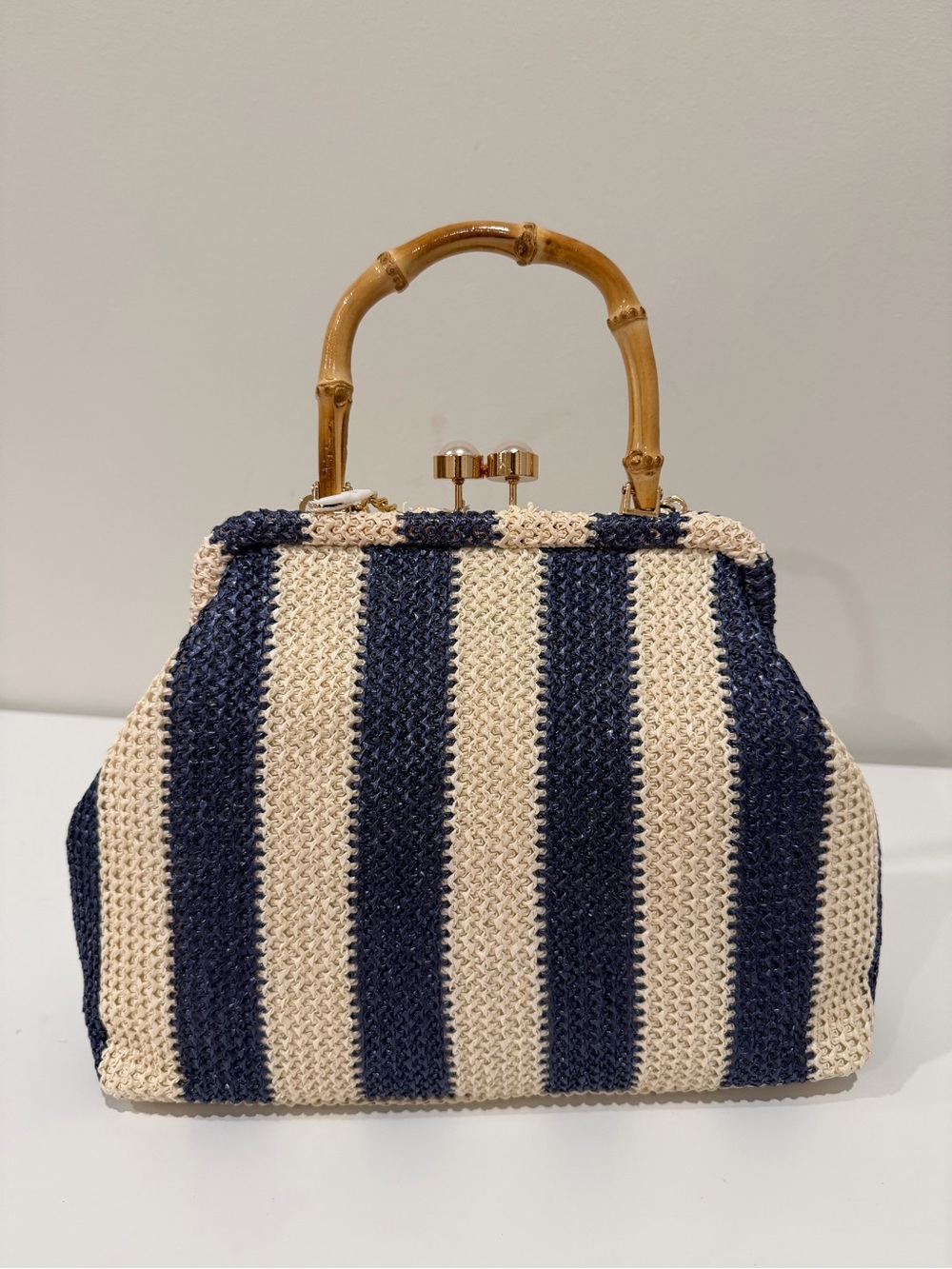Tommy Bahama Navy and Cream Striped Woven Top-Handle Satchel